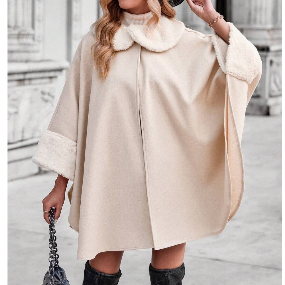 Classic Vegan Fur 3/4 sleeve Cape Jacket Coat - Picture 4 of 6